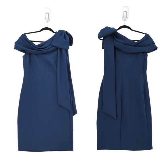 TADASHI SHOJI Women M Snyder Dress Royal Navy Blue Drapes Neoprene Bow NEW FLAW - Picture 2 of 9